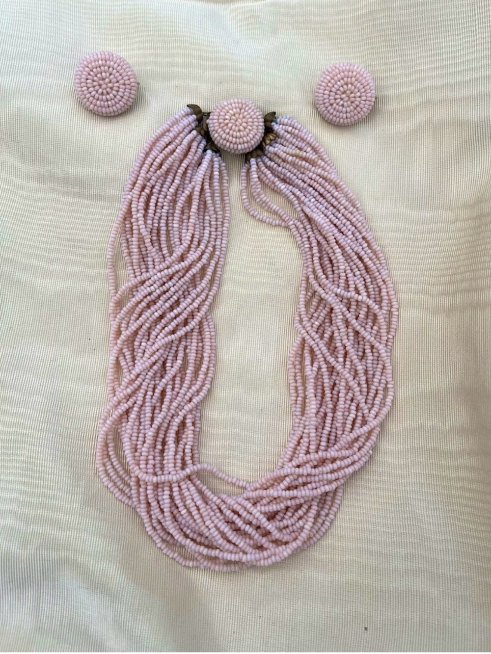 Vtg 50's Petal Pink Micro Bead Necklace & Clip-On Earring Set Altman & Co.